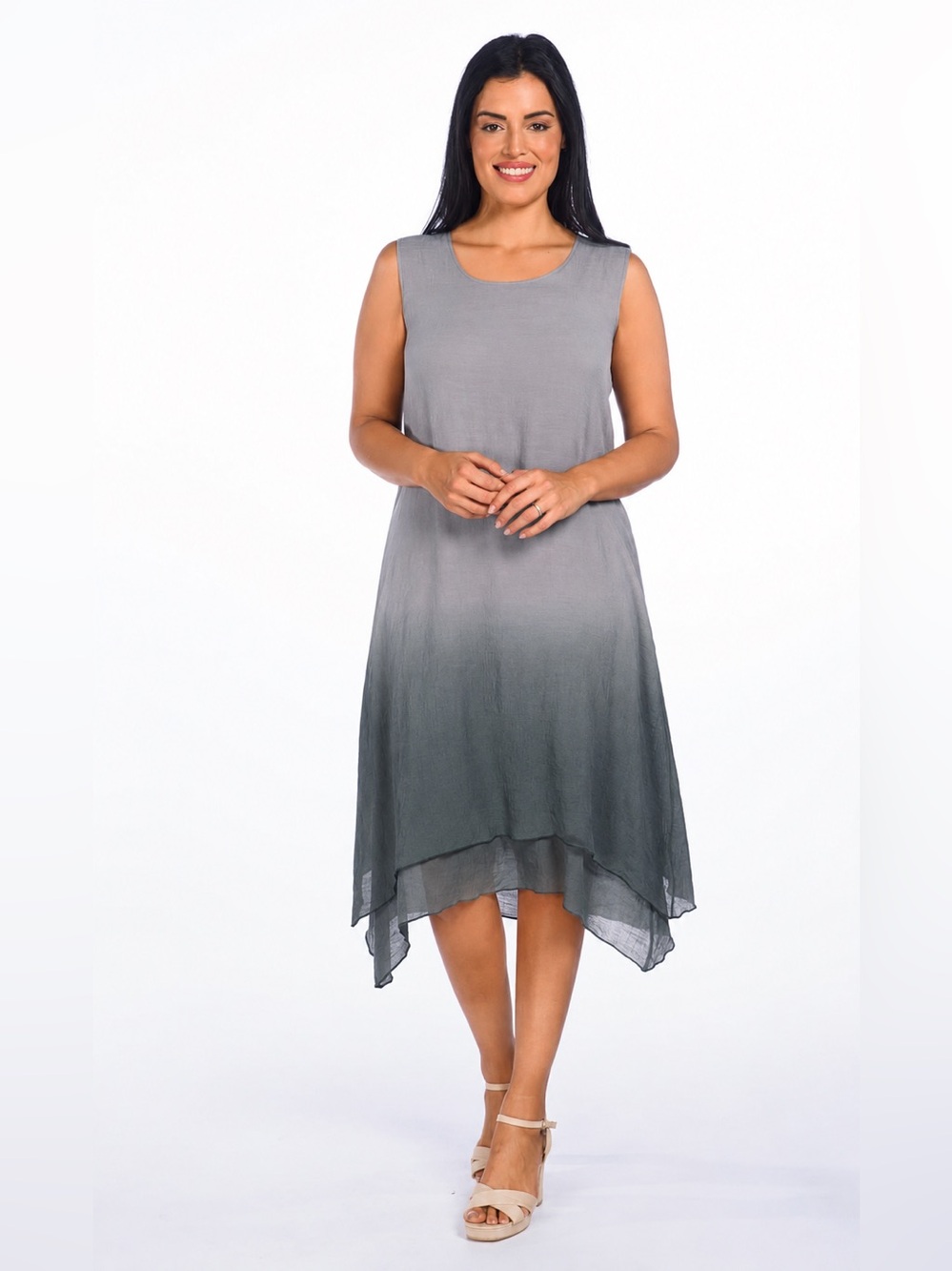 DKR Apparel Dip Dyed Sleeveless Double Layered Midi Dress-Pewter